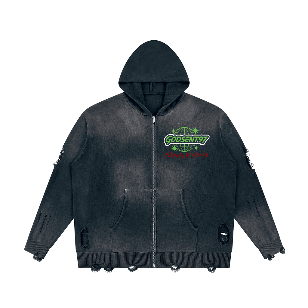 Unisex Distressed Full Zip Sweater