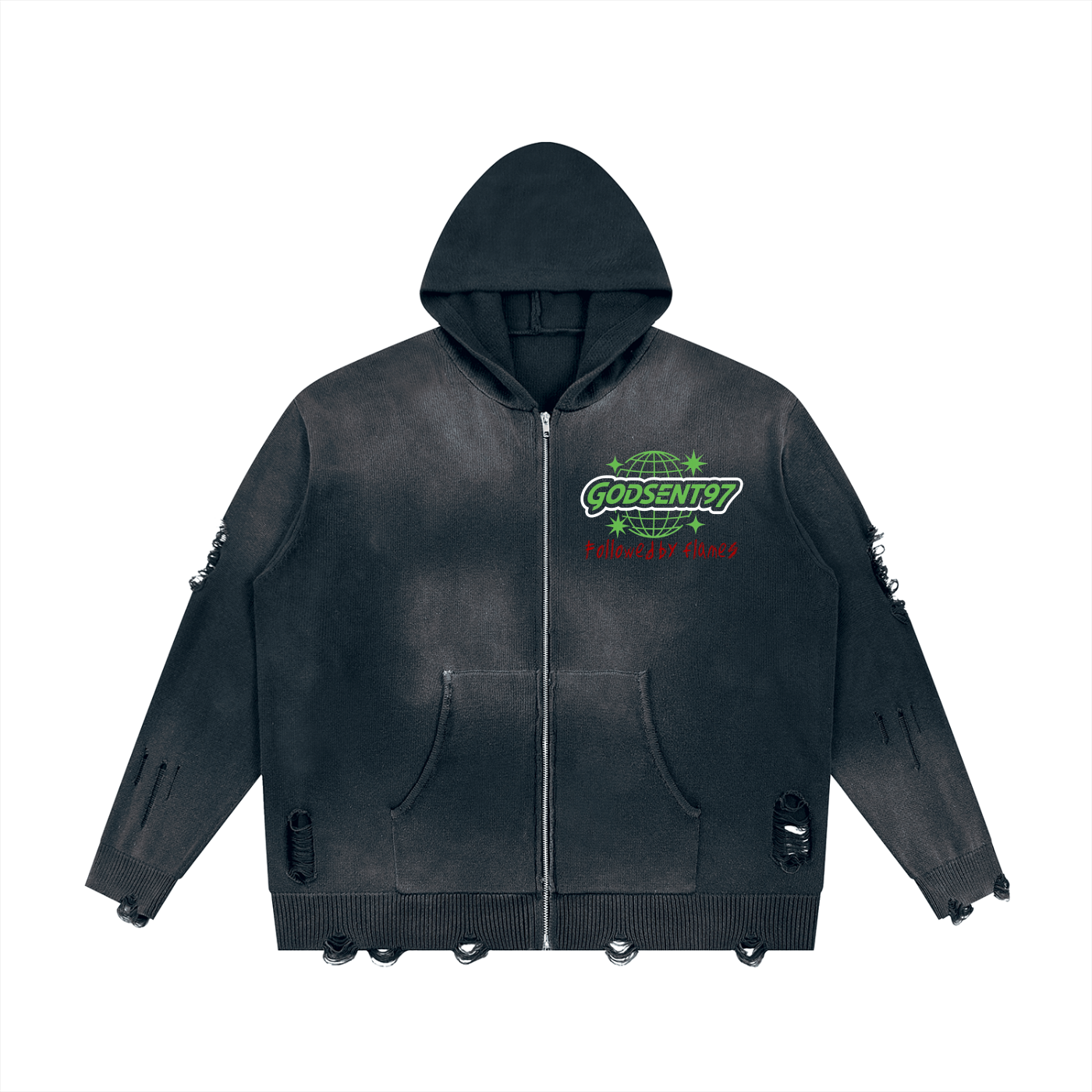 Unisex Distressed Full Zip Sweater