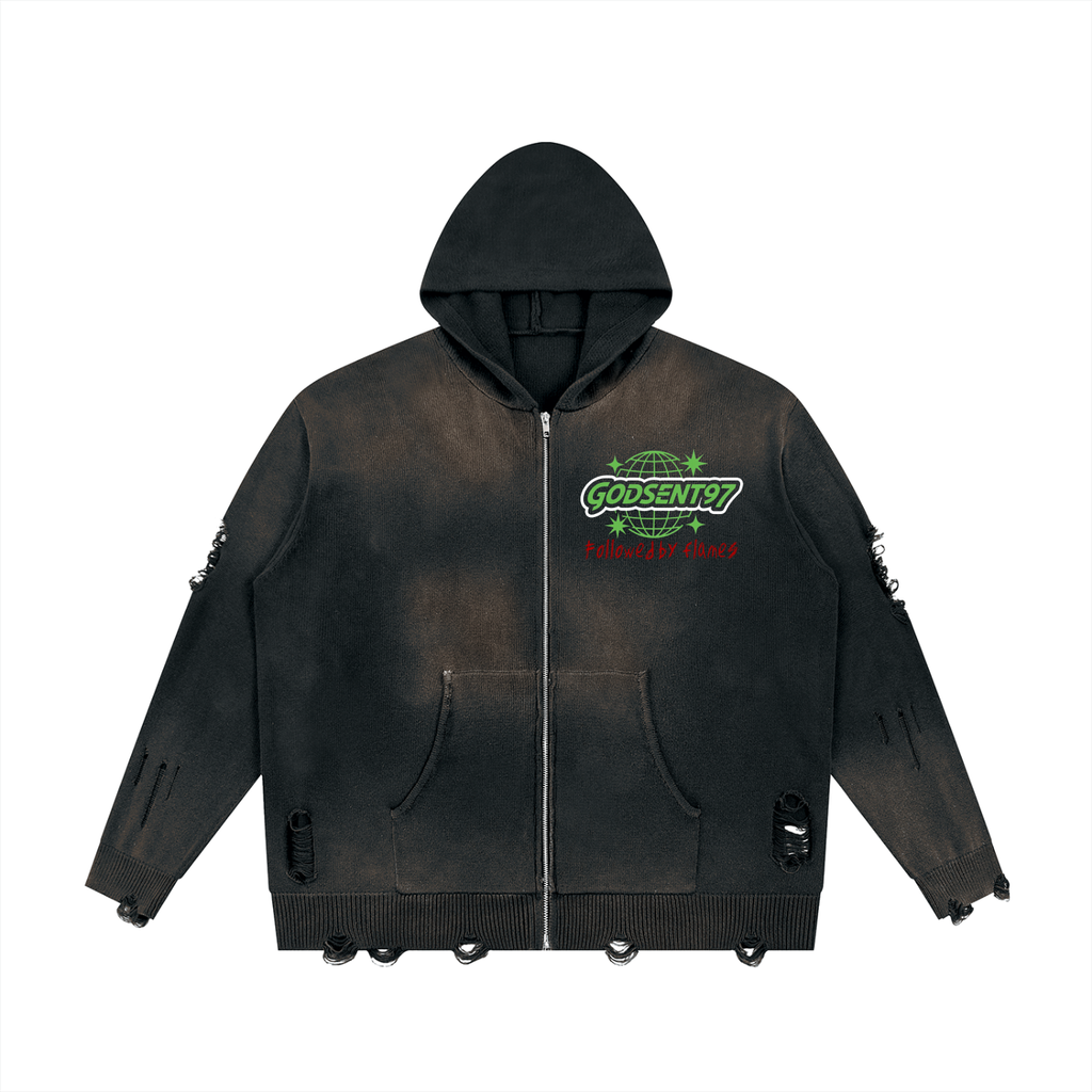Unisex Distressed Full Zip Sweater